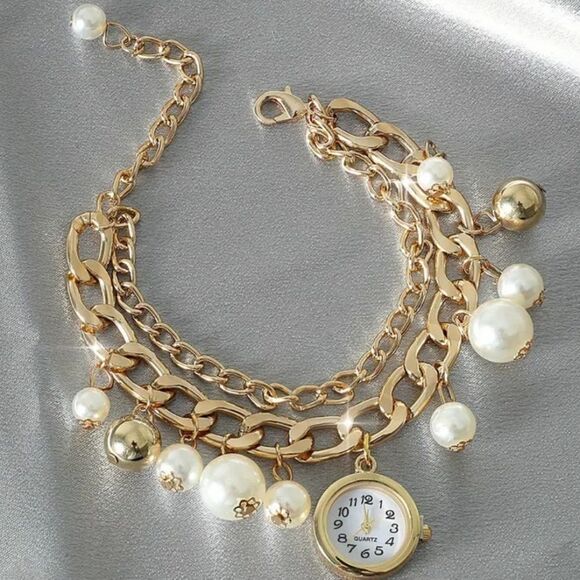 Gold Pearl Charm Bracelet Watch Accent Timeless Trendy Elegant Women's Jewelry - Picture 3 of 8